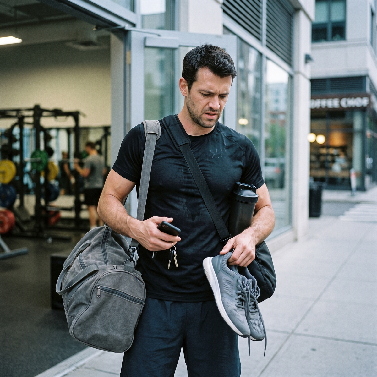 Man leaving the gym juggling a duffel, a laptop bag, a shaker and his shoes