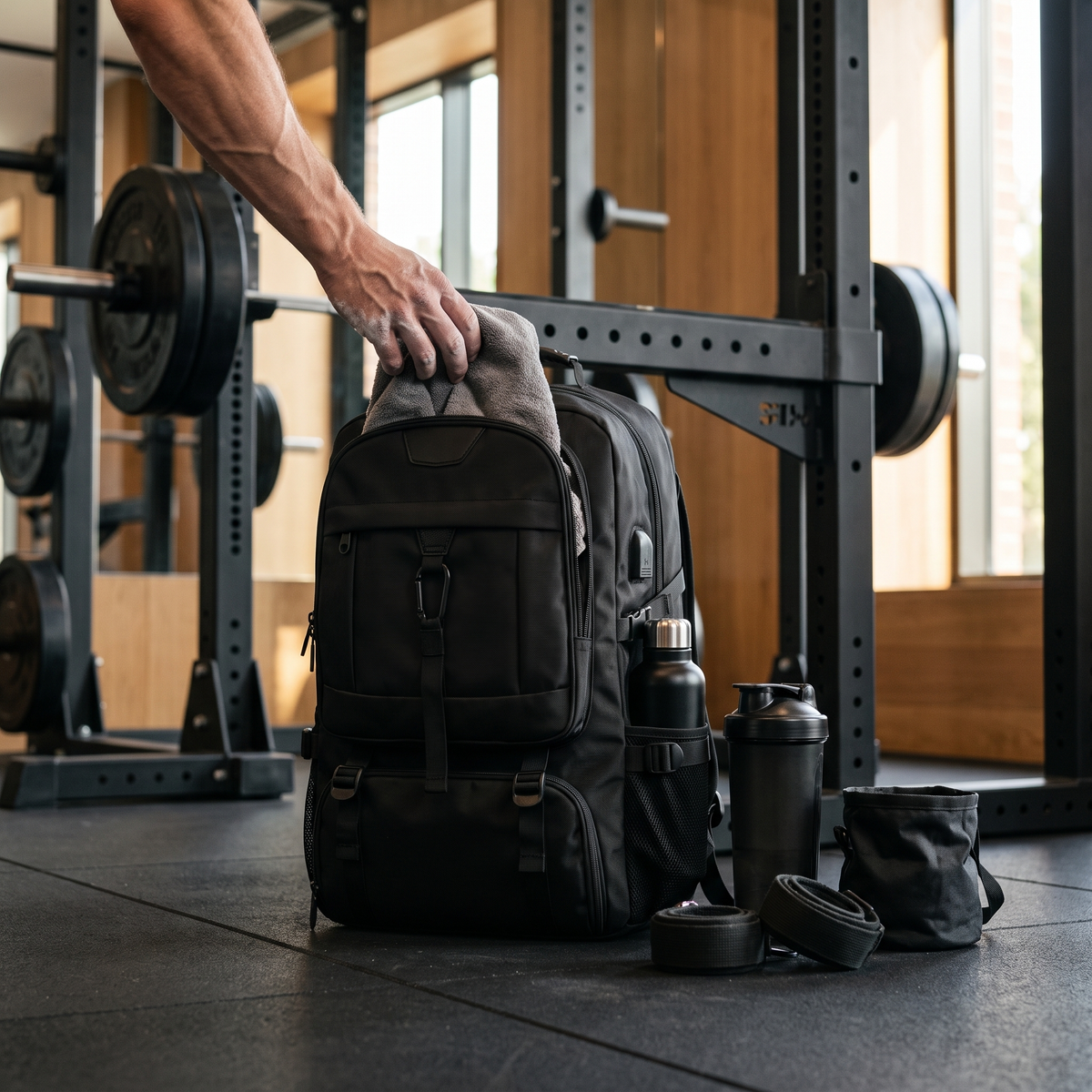 TransitPack next to a squat rack with a bottle in the side pocket