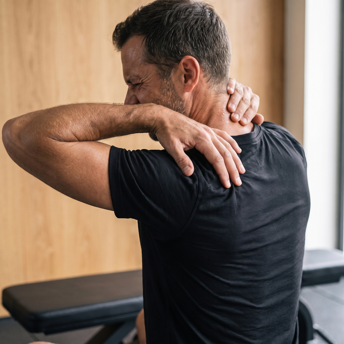 Man struggling to reach a knot in his upper back