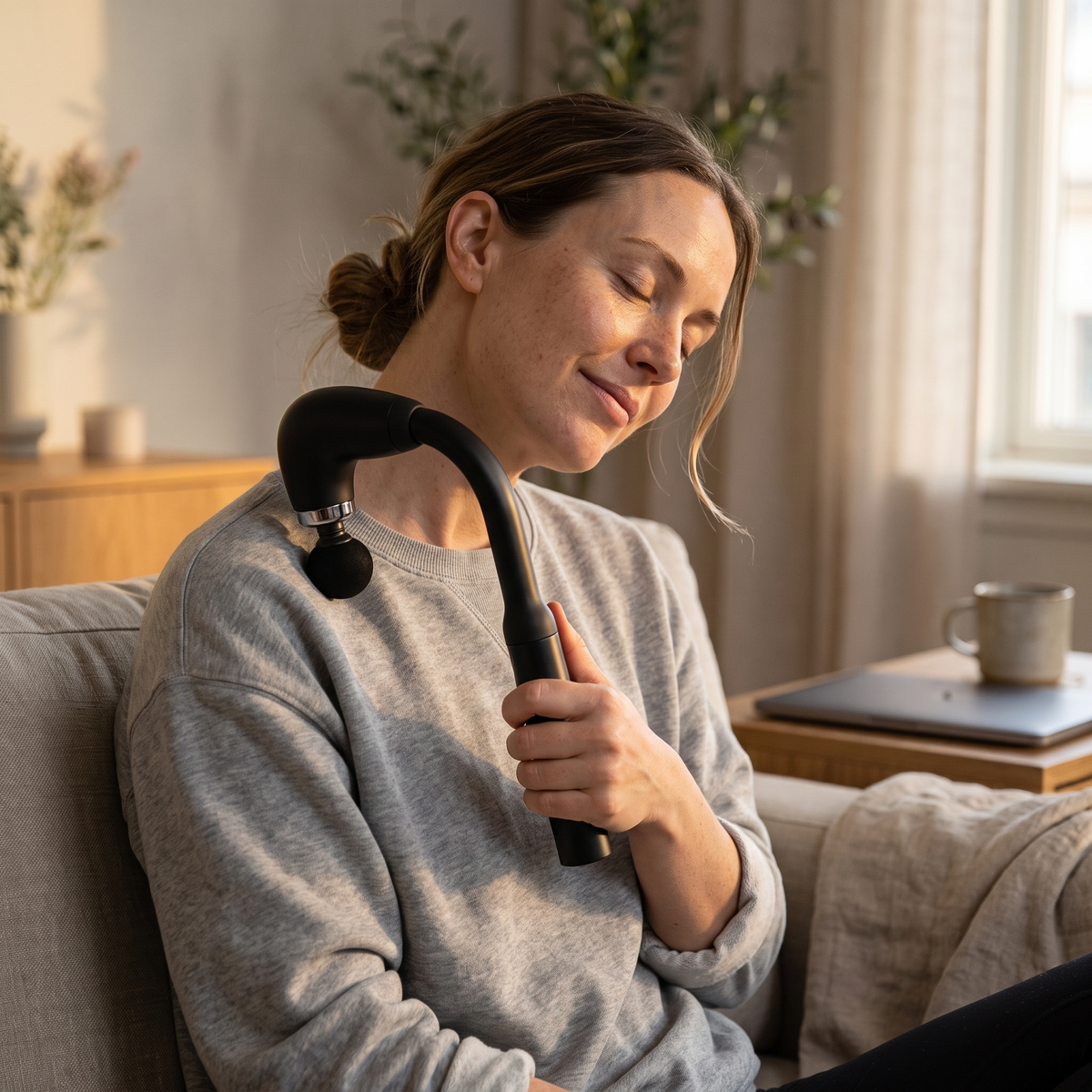 Woman relaxing her neck and traps with the ReachGun at home